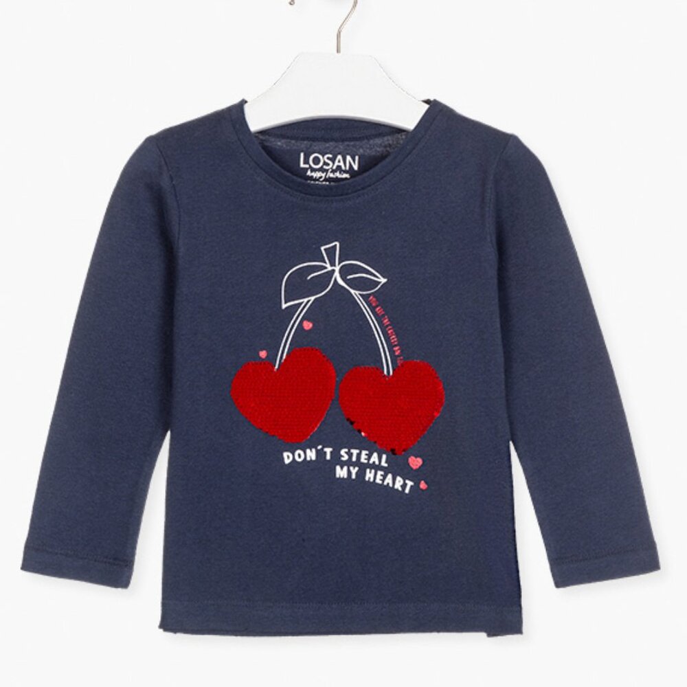 Losan Navy Long Sleeve Shirt with Red Sequin Heart Design